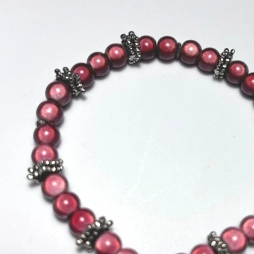 Vintage Burgundy Metallic Beaded Stretch Bracelet Silver Tone Spacer Accents